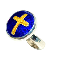 Load image into Gallery viewer, Cloisonné Golden Cross in Midnight Blue Ring