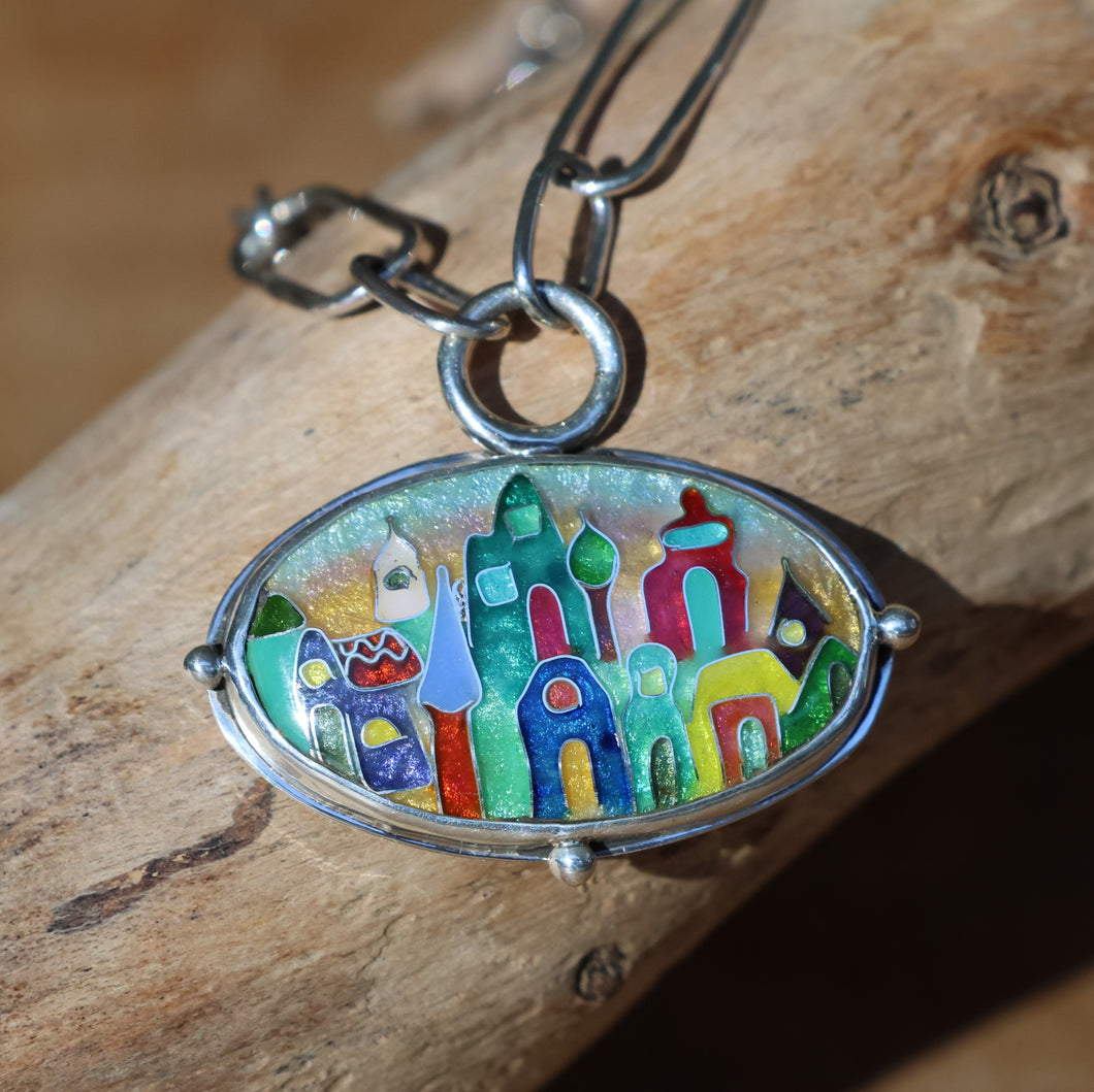 Cloisonné Village Oval Pendant