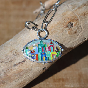 Cloisonné Village Oval Pendant