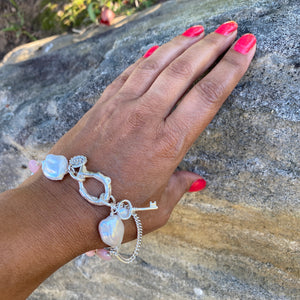 Liquid Silver Bracelet - White Baroque Pearl and Pink Opal Bead (medium)