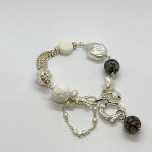 Liquid Silver Bracelet - White Barogue Pearl and Dark Agate Bead